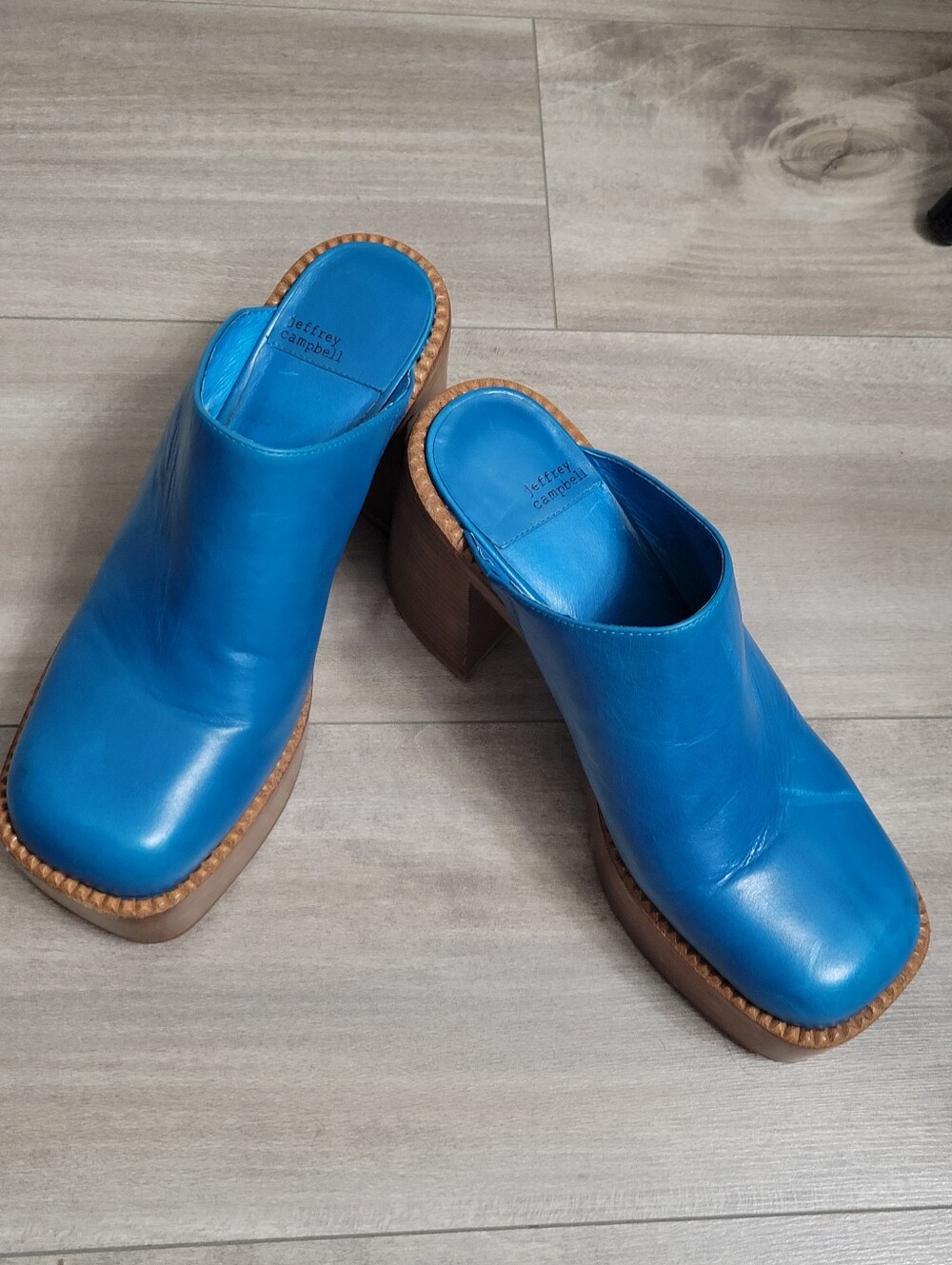 JEFFREY CAMPBELL Drummer Platform Mule In Blue Natural Polish Stack Size 9.5